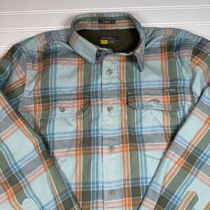 Eddie Bauer Travex Flannel Plaid Shirt Men's Small Reg Fit Blue Orange Black GUC